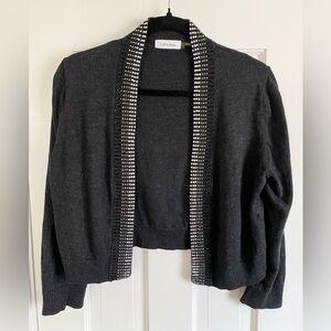 Calvin Klein Crop Gray Rhinestone Sparkle Knit Open Cardigan Womens Size Large